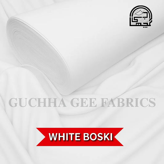 White fabric with 'Guchha Gee Fabrics' and 'White Boski' text on a white background